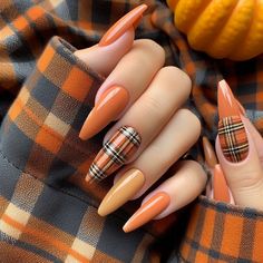 FLANNEL Set| Orange Plaid Nails| Fall nails| Classy nails Luxury Press On Nails|Fake Nails| Custom G Fall Nail Designs Plaid, Orange Plaid Nails, Fall Plaid Nail Designs, Fall Nails Plaid, Plaid Nails Fall, Fall Nails Classy, Flannel Nails, Fall Plaid Nails, Mom Nails