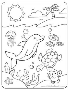 an ocean scene with dolphins and sea animals coloring pages for kids, including jellyfish