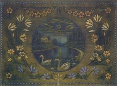 an image of a painting with swans in the water and flowers around it on a brown background