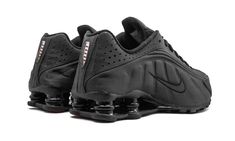 The Nike Shox R4 "Black" is a monochromatic black colorway of the retro shoe.  Debuted in 2000, the Nike Shox R4 starred in Nike’s “Boing, Boing” ad campaign back in the day.  On this colorway, the model features an all-black appearance, with a smooth and dotted black leather construction.  Classic Swoosh branding appears in black on either side of the shoe.  Underfoot, four Shox columns in the heel provide a springy, responsive ride.  Release date: April 3, 2024 Nike Shox R4, Nike Shox, Retro Shoes, Nike Jordan, All Black, Nike Shoes, Black Leather, Street Wear, Nike