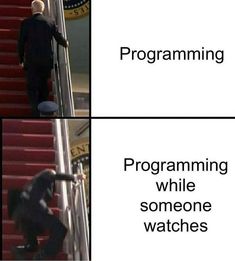 two pictures with the same person walking up and down an escalator that says programming while someone watches