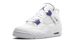 The Air Jordan 4 "Metallic Pack - Purple" one of four special edition colorways of the iconic model released for summer 2020.  Inspired by the original “Metallic” colorways of the Air Jordan 1, the white and metallic-colored scheme is translated to four editions of the Air Jordan 4, including red, orange, green, and purple.  Each colorway was released in specific regions of the world, with the US receiving this purple version.  The construction features a full-grain leather upper with a metallic purple finish on the TPU lace eyelets and heel Jumpman logo.  A matching purple hue is found on the inner lining, tongue logo, and visible Air unit.  The “Metallic Purple” Air Jordan 4 released on May 20, 2020. Jordan 4 Violet, Jordan 4 Retro Metallic Purple, Jordan 4 Purple, Jordan 4 Metallic Purple, Jordan 4 Metallic, Jordan 4 Retro Metallic, Sepatu Air Jordan, 70s Converse, Custom Jordans