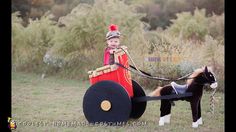 a small child riding on top of a toy horse pulling a wagon with a pony