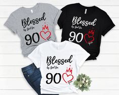 90th Birthday Shirt, Blessed By God 90 Years Tshirt, 90th Birthday Gift for Women, 90th Birthday Gift Idea, Mom 90th Birthday, 1932 Birthday Blessed By God For 90 Years Happy 90th Birthday Gift T-Shirt or Hoodie makes a great birthday gift or Christmas gift for anyone man or woman, Celebrating that special day. Makes a great gift for any friend or family member. A great "90th birthday gift". This classic tee fits like a well-loved favorite. Soft cotton and quality print make users fall in love with it over and over again. These t-shirts have-ribbed knit collars to bolster shaping. The shoulders have taping for better fit over time. Dual side seams hold the garment's shape for longer. Our t-shirts are inspired by everyday life. We want to make sure that everyone can express themselves throu 1932 Birthday, Mom 60th Birthday, Birthday Tshirt Ideas, Woman Celebrating, 60th Birthday Shirt, Happy 90th Birthday, Happy 80th Birthday, 90th Birthday Gifts, Happy 60th Birthday