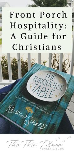 a book sitting on top of a wooden table next to a white plate with the title front porch hospital a guide for christians