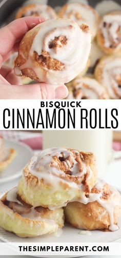 cinnamon rolls with icing on top and the words, biscuit cinnamon rolls above them