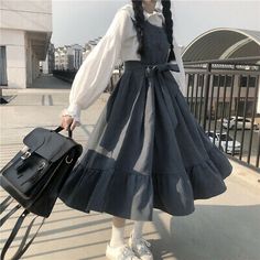 Top Seller for Retro Women Girls Jumper Skirt Bow Ruffle Solid Long Vest Dress Sundress Casual, Sweaters Dresses Gaun Koktail, Girls Long Dresses, Dark Dress, Fairy Clothes, Harajuku Outfits, Japanese Dress, Black Dress With Sleeves, 가을 ��패션, Sweet Dress