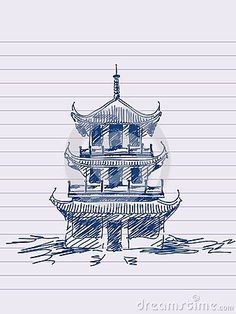 a drawing of a pagoda on lined paper