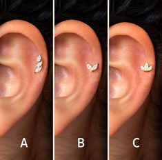 three different types of ear piercings are shown in four different positions, each with a butterfly