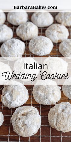 italian wedding cookies on a cooling rack with powdered sugar sprinkled on top