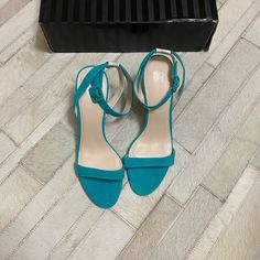 New , Teal Color Heel - 3.5 Inch Suede One Inch Heels, Turquoise Ankle Strap Heels For Party, Teal Sandals, Blue Suede Open Heel Heels, Blue High Heel Sandals With 4-inch Heel, Teal Heels, Green Flip Flops, Black And White Sandals, Feather Sandals