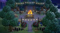 an animated fire pit surrounded by trees and lights