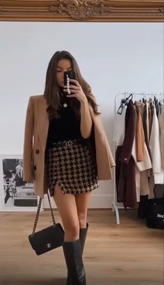 Brown Tweed Skirt Outfit, Skirt And Blazer Outfit Business, Beige Short Coat Outfit, London Office Outfit, Blazer Outfits Skirt, Black Blazer And Skirt Outfit, Lapel Coat Outfit, Mini Skirt And Blazer Outfit, Blazer And Mini Skirt Outfits