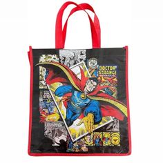 a red and black bag with a superman comic cover on it