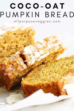 pumpkin bread with coconut on top and text overlay