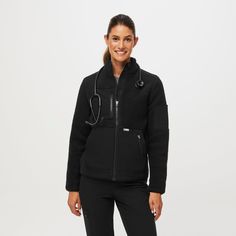 Official FIGS® Outerwear. Get Free Shipping On Orders $50+! | FIGS Womens Black On-Shift™ - Sherpa Jacket Black Figs, Black Fig, Scrub Jackets, Long Sleeve Blouse Pattern, Light Blue Sweater, Sherpa Jacket, Tweed Blazer, Shell Jacket, Ribbed Sweater