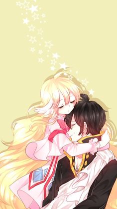 two anime characters hugging each other with stars in the background