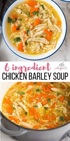 chicken barley soup with carrots and parsley in a white bowl on a marble counter top