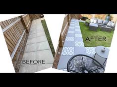 before and after photos of an outdoor patio makeover with cement pavers, stone walkways, and grass