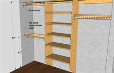 the closet is labeled with measurements for shelving