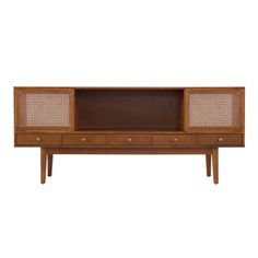 the sideboard is made from wood and has wicker panels on one end, and two drawers on the other