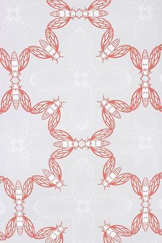 a red and white wallpaper with many bugs on it's back side,