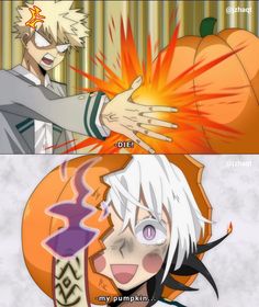 two anime characters one with white hair and the other with orange hair, both holding an orange pumpkin