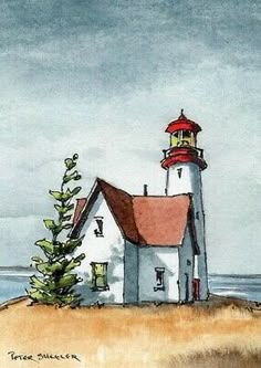 a painting of a lighthouse on an island