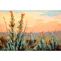 a painting of some plants in front of a sunset