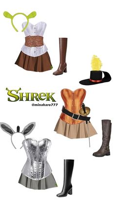 several different types of clothing and hats on display with the words shrek above them