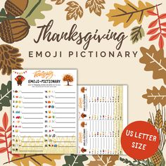 the printable thanksgiving emoj dictionary is shown with leaves and acorns on it