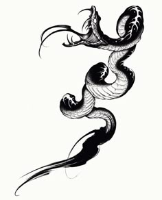 a black and white drawing of a dragon with its tail curled in the shape of a snake