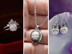 Introducing the exquisite Pearl Skull Jewelry Gift Set, a perfect blend of elegance and edge, designed for those who appreciate both vintage charm and gothic allure. This unique set includes a custom engraved pearl skull locket pendant necklace, dangle pearl skull earrings with crowns, and a stunning pearl skull ring adorned with a crystal crown. Each piece is meticulously crafted to offer a timeless appeal that resonates with both vintage aficionados and goth enthusiasts. The centerpiece of thi Pearl Skull Ring, White Sterling Silver Skull Jewelry, White Skull-shaped Sterling Silver Jewelry, White Gothic Skull Jewelry, Elegant Skull Shaped Jewelry For Gifts, Elegant Skull-shaped Jewelry For Gifts, Gothic Skull Jewelry For Formal Occasions, Elegant Skull Ring As Gift, Elegant Skull Ring Gift