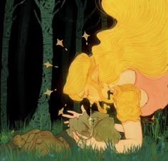 an animated image of a woman and a dog in the woods with stars flying around