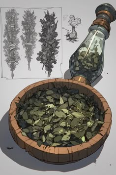 a wooden bowl filled with lots of green leaves next to a bottle and some drawings