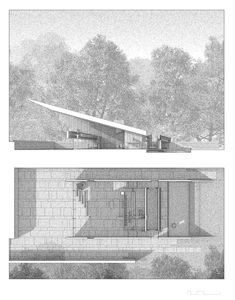 two drawings of the exterior and facade of a house with trees in the back ground