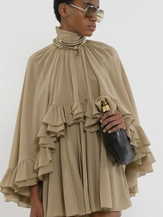 Chloé Mini Cape Dress In Silk Georgette | Chloé US Spring Dresses With Draped Sleeves And Cape, Spring Cape Dress With Draped Sleeves, Chic Chiffon Dress With Ruffle Sleeves, Chic Dresses With Ruffles And Cape Sleeves, Chic Silk Chiffon Dress With Ruffles, Chic Draped Silk Crepe Dress, Chic Dresses With Draped Sleeves In Silk Crepe, Silk Cape Dress With Draped Sleeves, Elegant Chiffon Dress With Ruffles For Fall