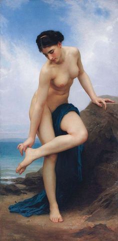 a painting of a naked woman sitting on a rock by the water's edge