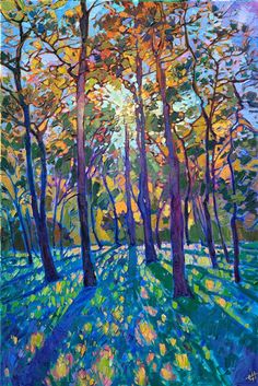 an oil painting of trees and grass in the woods with blue sky behind them,