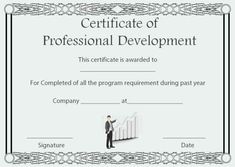 a certificate for professional development with a man standing in front of a bar graph on it