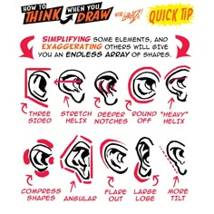 the instructions for how to draw an ear and head with different shapes, sizes, and colors