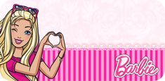 a barbie doll holding up a heart shaped object in front of a pink striped background