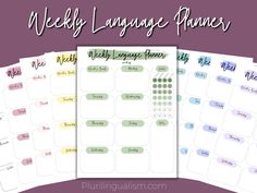 the weekly language planner is shown in three different colors and sizes, with text overlaying