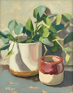 a painting of a plant in a white vase and a red cup on a table