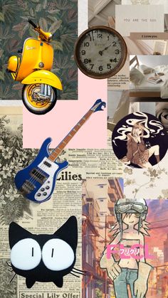 a collage of various pictures with different things in the middle one has a cat, clock, and other items on it