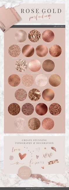 the rose gold palette is shown on a white marble background with pink and gold accents