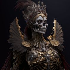 a skeleton dressed up in armor with wings and feathers on his head, standing against a black background