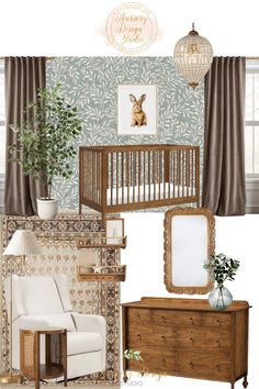 a baby's room with furniture and decor in shades of blue, green, beige and white