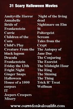 the 31 scary halloween movies list is shown in black and white, with red background