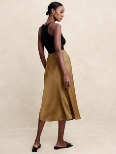 Hammered Satin Midi Slip Skirt | Banana Republic Factory Relaxed Silk Midi Pencil Skirt, Relaxed Fit Satin Midi Pencil Skirt, Relaxed Satin Pencil Midi Skirt, Solid Color Satin Relaxed Skirt, Banana Republic Silk Maxi Skirt, Midi Slip Skirt, Wardrobe Overhaul, Satin Skirts, Banana Republic Factory